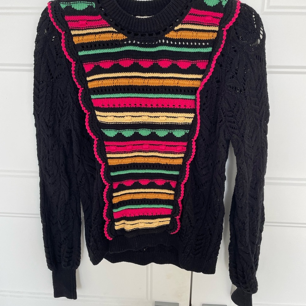 Sezane Black Cable-Knit Sweater with Multicolor Striped Bib